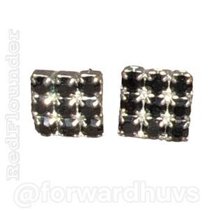 Silver Tone Square Earrings with Dark Blue & Clear Rhinestone